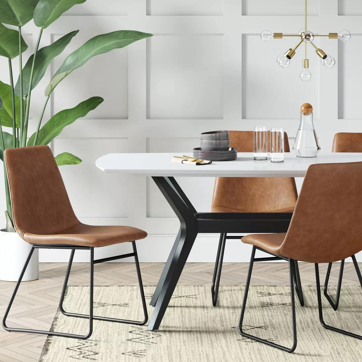 Bowden Faux Leather Dining Chair Caramel - Threshold Mid Century, Foam-Padded, Steel Legs