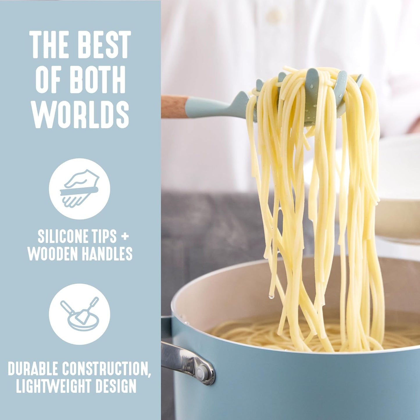 GreenLife 11 Piece Silicone Utensil Crock Set, Nonstick Kitchen Tools, Safe to 392°F, Ladle, Turner, Slotted Turner, Spatula, Spoon, Spaghetti Server, Basting Brush, Whisk, Tongs, Crock, Blue Haze