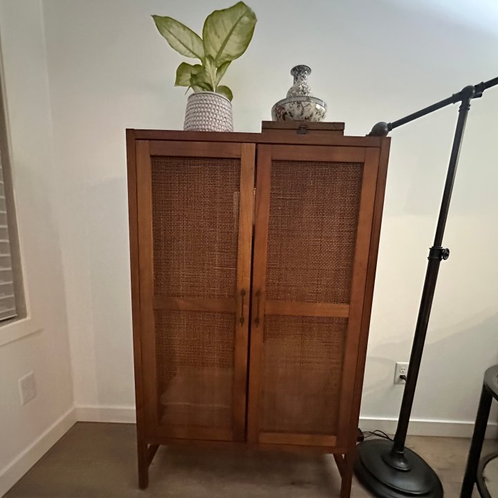 Warwick Library Cabinet Brown - Threshold: Rattan-Panel Doors, Hardwood, Storage, UPC 677446144737