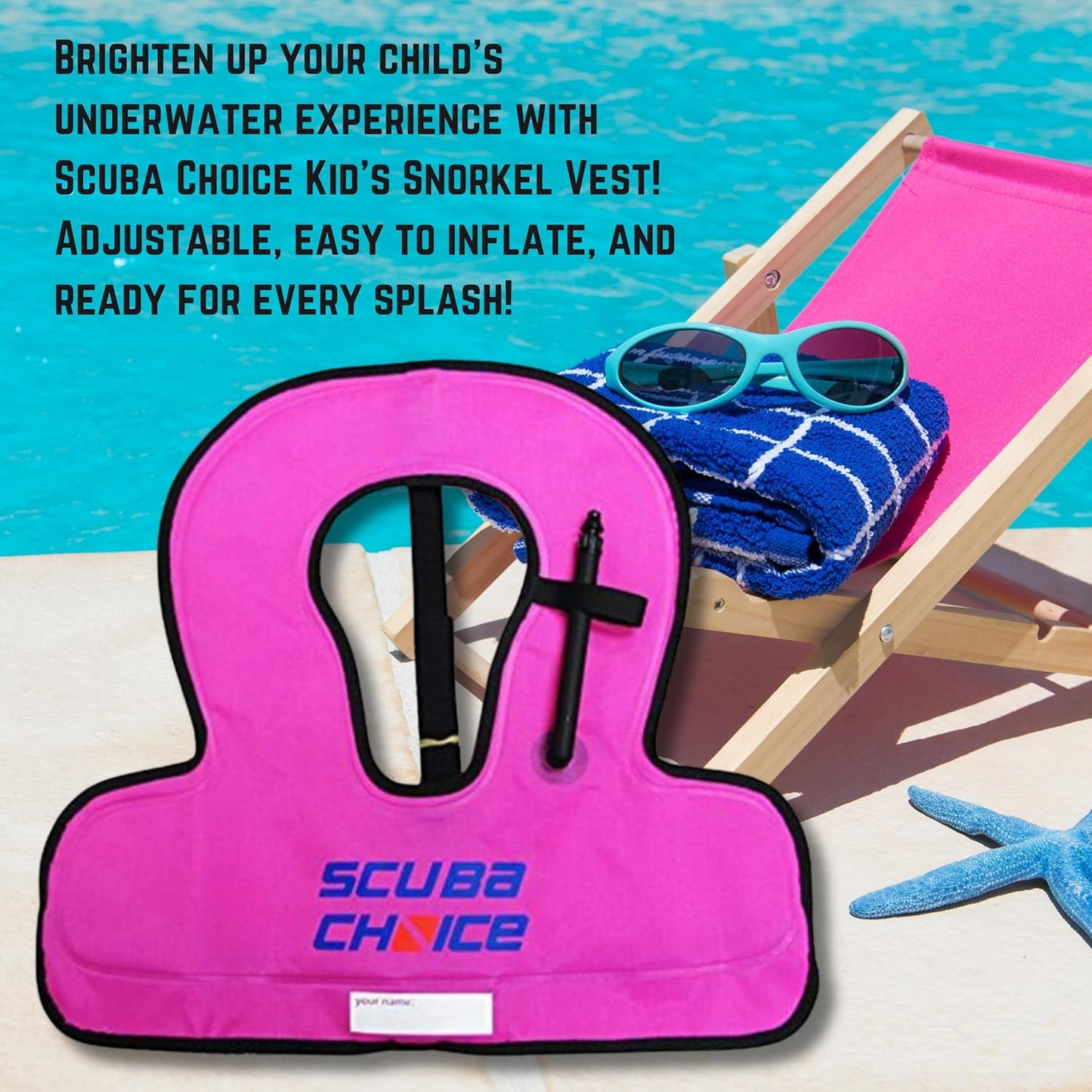 Scuba Choice Kid's Snorkel Vest with Name Box, Purple – Lightweight Adjustable Vest for Kids Up to 100 lbs with Easy Oral Inflator and Anti-Ride-Up Strap for Comfort and Safety