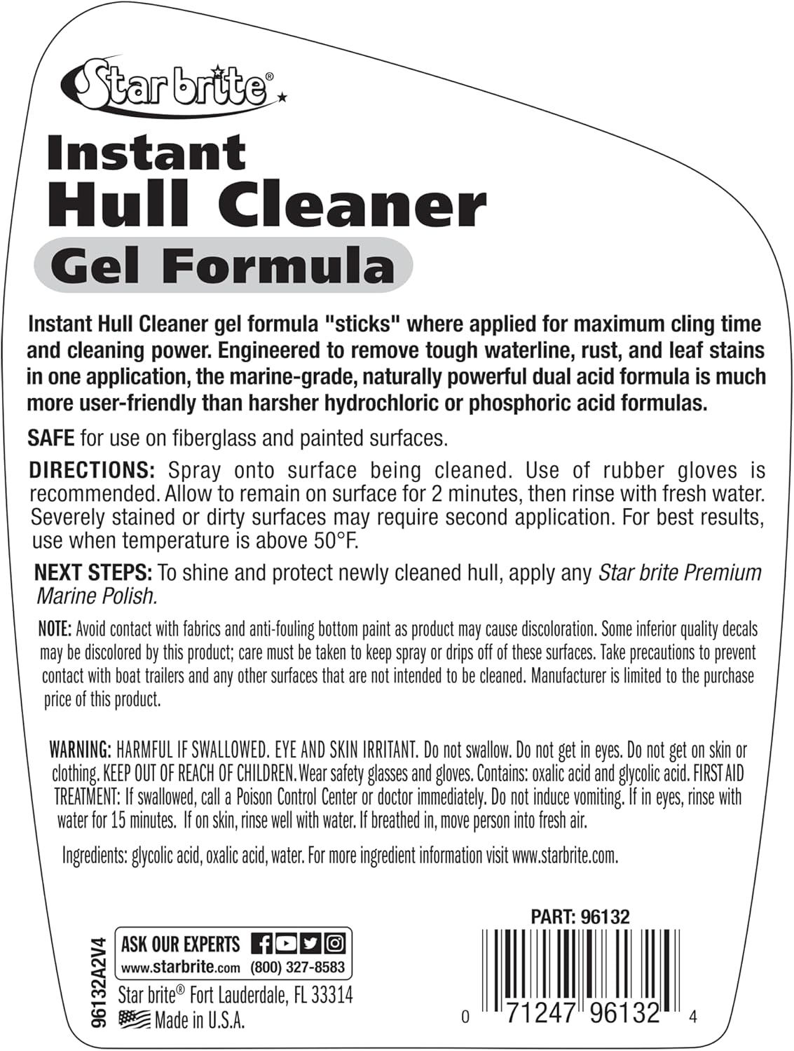 STAR BRITE Instant Hull Cleaner - 32 Oz Gel Spray - Easily Remove Stains, Scum Lines & Grime on Boat Hulls, Fiberglass, Plastic & Painted Surfaces (096132)