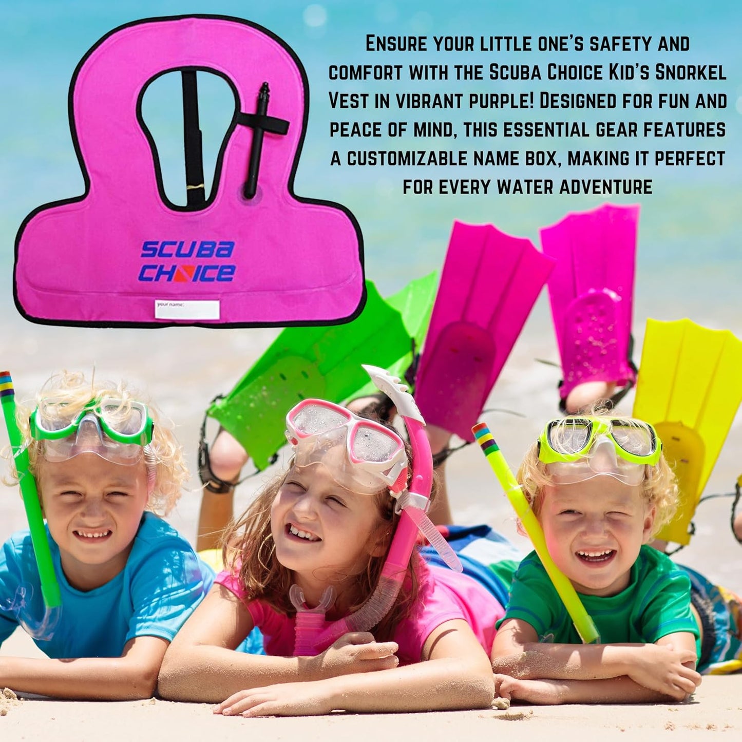 Scuba Choice Kid's Snorkel Vest with Name Box, Purple – Lightweight Adjustable Vest for Kids Up to 100 lbs with Easy Oral Inflator and Anti-Ride-Up Strap for Comfort and Safety