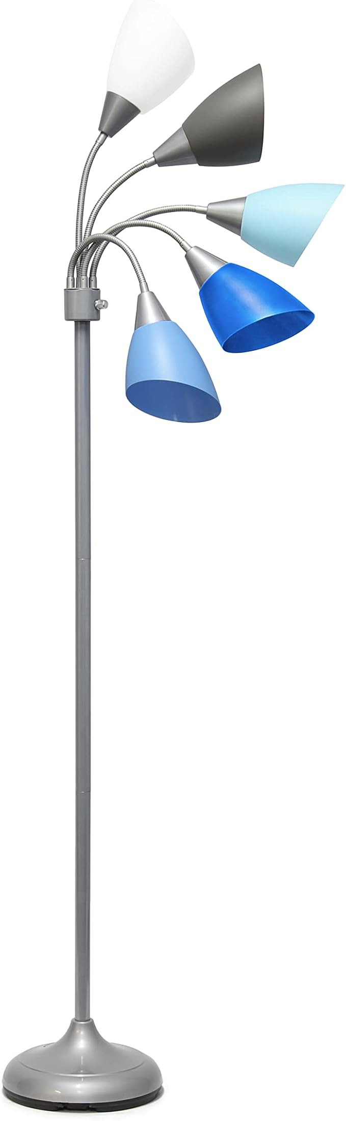 Simple Designs LF2006-SDM 67" Contemporary Multi Head Medusa 5 Light Adjustable Gooseneck Silver Floor Lamp with Primary Dark Multicolored Shades for Kids Bedroom Playroom Living Room Office