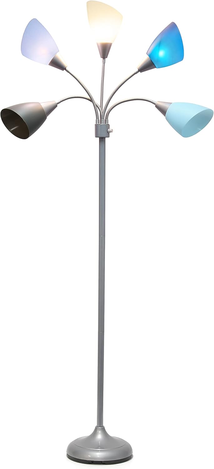 Simple Designs LF2006-SDM 67" Contemporary Multi Head Medusa 5 Light Adjustable Gooseneck Silver Floor Lamp with Primary Dark Multicolored Shades for Kids Bedroom Playroom Living Room Office
