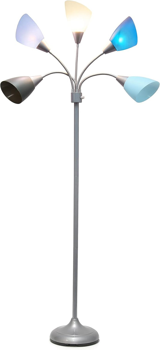 Simple Designs LF2006-SDM 67" Contemporary Multi Head Medusa 5 Light Adjustable Gooseneck Silver Floor Lamp with Primary Dark Multicolored Shades for Kids Bedroom Playroom Living Room Office