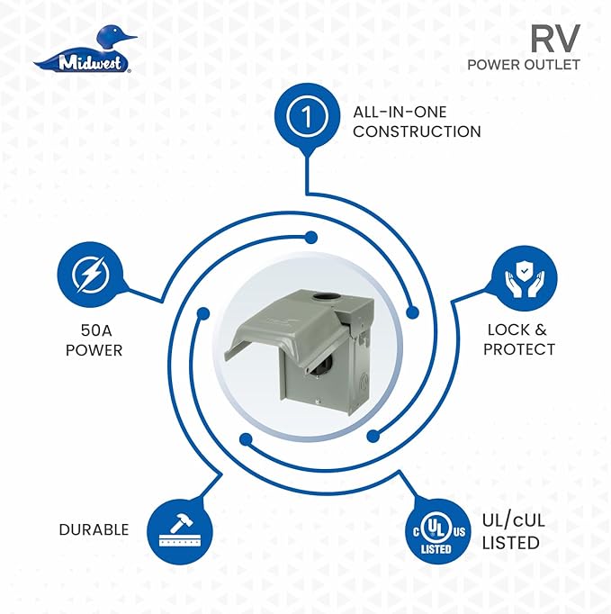 MIDWEST U054P â€¢ Weatherproof Temporary RV Outlet â€¢ 50A 14-50 RWR â€¢ Power Supply â€¢ Volts AC: 120/240V â€¢ Fully Compliant
