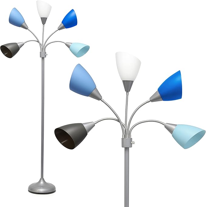 Simple Designs LF2006-SDM 67" Contemporary Multi Head Medusa 5 Light Adjustable Gooseneck Silver Floor Lamp with Primary Dark Multicolored Shades for Kids Bedroom Playroom Living Room Office