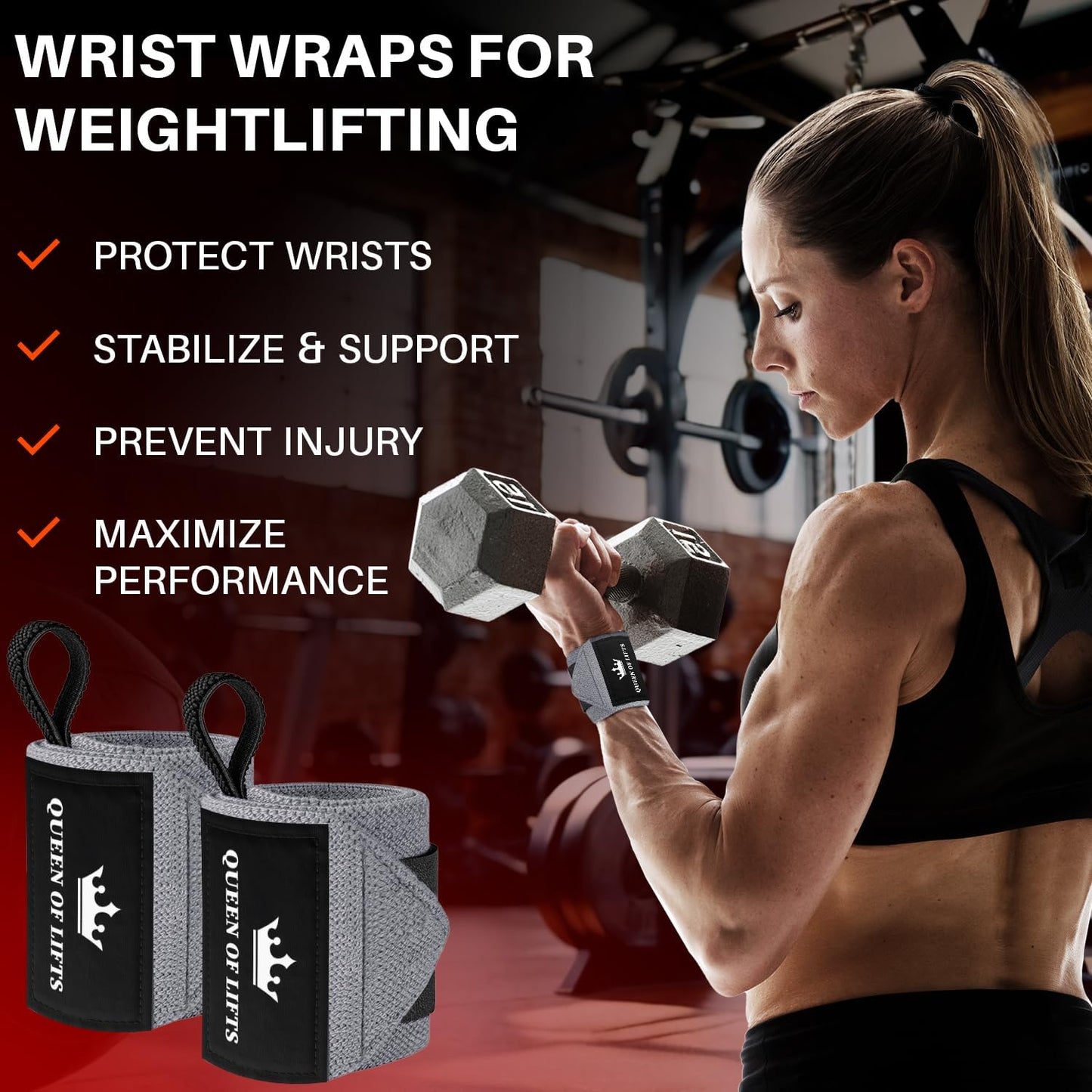 TECEUM Weightlifting Wrist Wraps with Thumb Loop â€“ Gray â€“ Queen of Lifts â€“ 18 inch â€“ Heavy-Duty Workout Wrist Support & Protection â€“ Ideal for Powerlifting, Strength Training, Bodybuilding