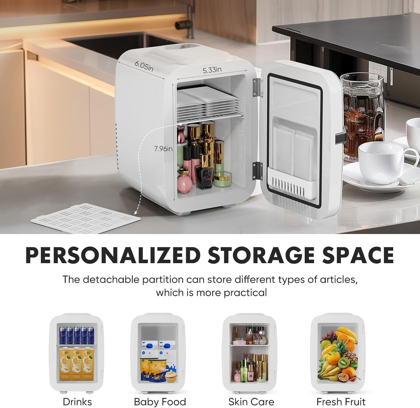 Small Refrigerator, Portable Mini Fridge 4L/6 Can Cooler & Warmer Compact Fridges for SkinCare,Food and Drinks, Bedroom, Dorm,Car,Office,White