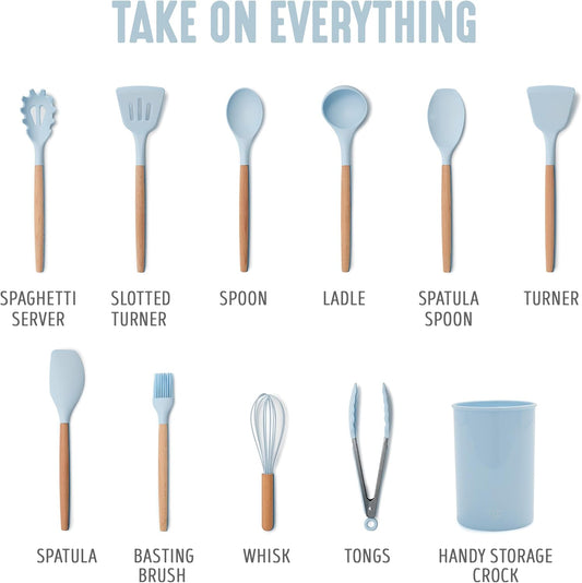 GreenLife 11 Piece Silicone Utensil Crock Set, Nonstick Kitchen Tools, Safe to 392Â°F, Ladle, Turner, Slotted Turner, Spatula, Spoon, Spaghetti Server, Basting Brush, Whisk, Tongs, Crock, Blue Haze