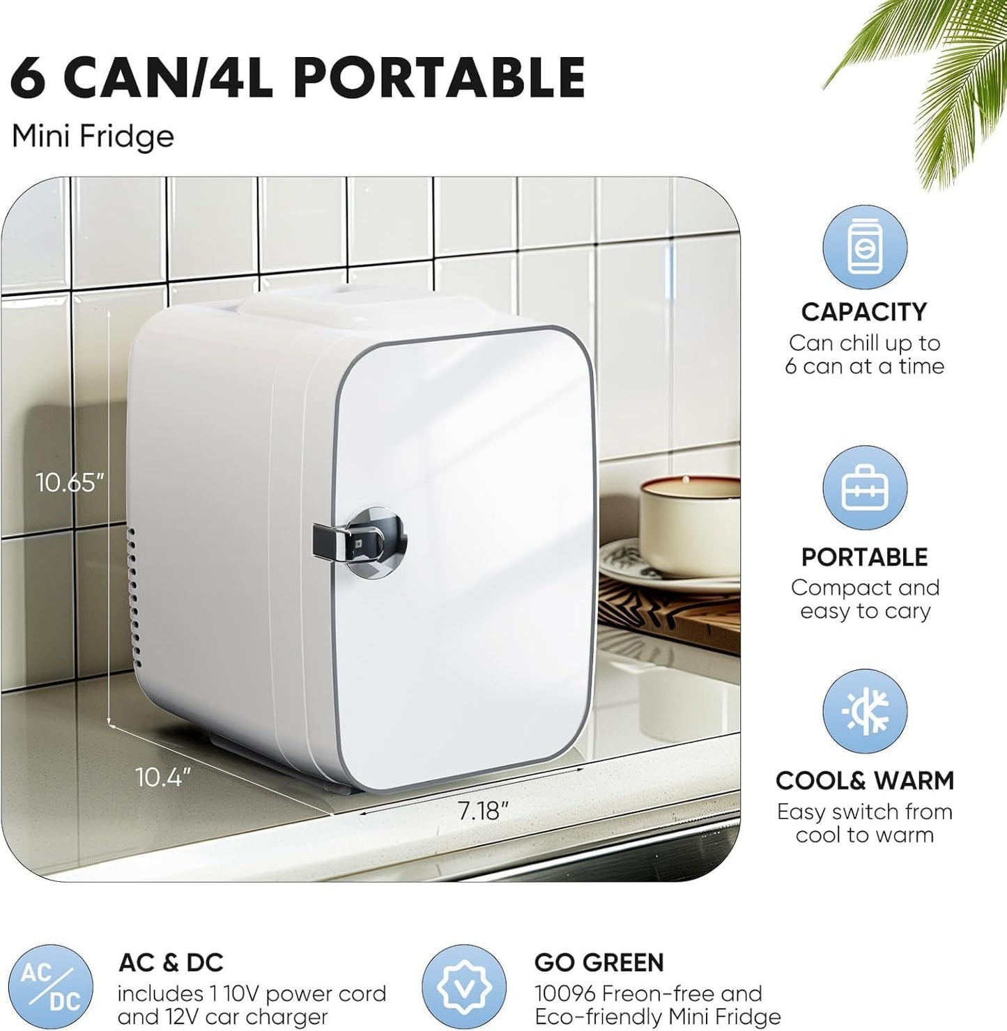 Small Refrigerator, Portable Mini Fridge 4L/6 Can Cooler & Warmer Compact Fridges for SkinCare,Food and Drinks, Bedroom, Dorm,Car,Office,White