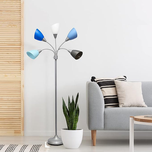 Simple Designs LF2006-SDM 67" Contemporary Multi Head Medusa 5 Light Adjustable Gooseneck Silver Floor Lamp with Primary Dark Multicolored Shades for Kids Bedroom Playroom Living Room Office
