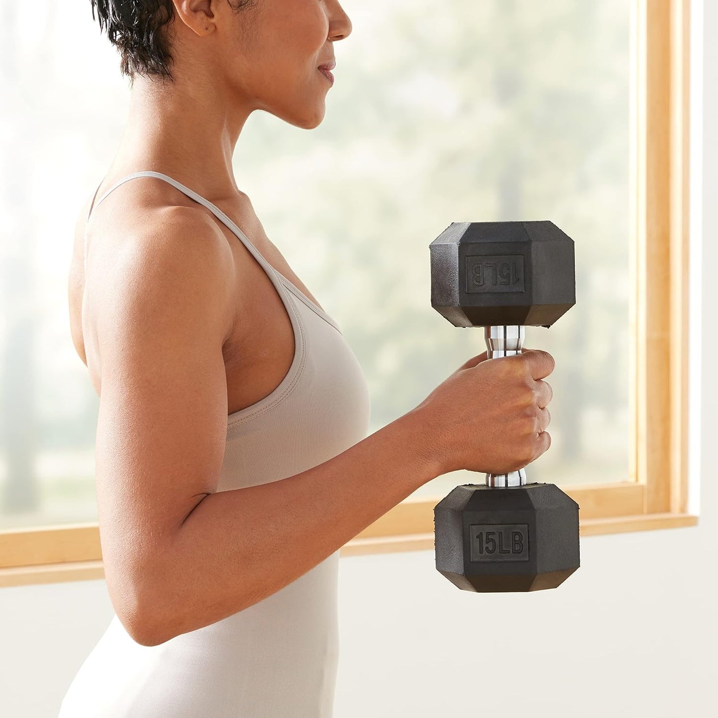 Amazon Basics Rubber Hex Dumbbell Hand Weight, 15 Pounds, Single