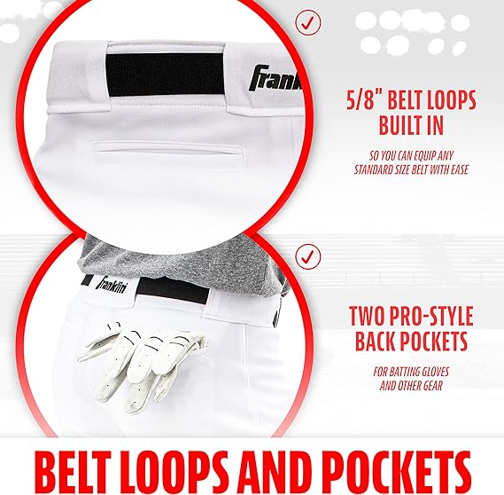 Franklin Sports Youth Baseball + Softball Pants - Knee High White Baseball Pants for Kids - Boys + Girls Knicker Style Bottoms with Belt Loop - White - Youth Medium