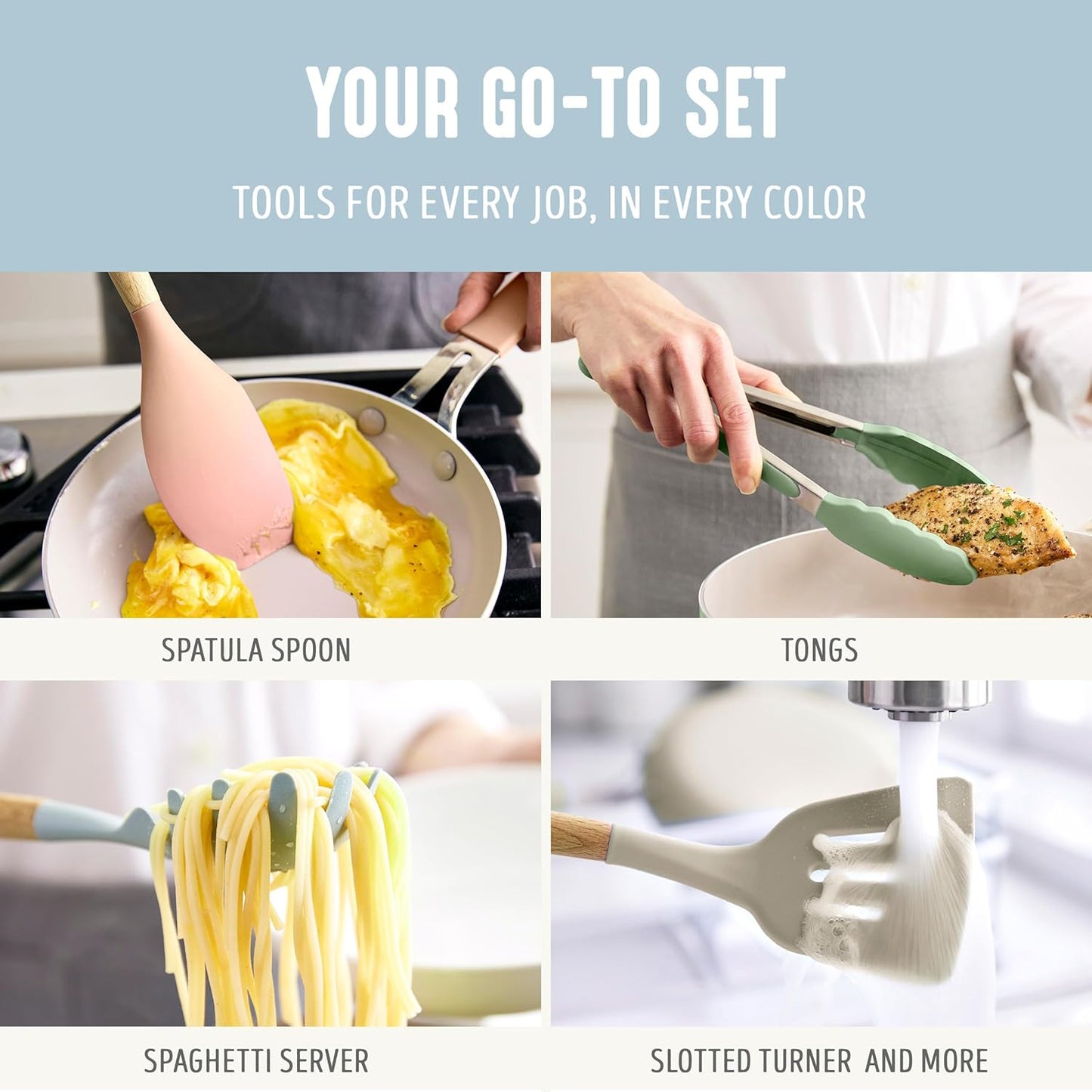 GreenLife 11 Piece Silicone Utensil Crock Set, Nonstick Kitchen Tools, Safe to 392Â°F, Ladle, Turner, Slotted Turner, Spatula, Spoon, Spaghetti Server, Basting Brush, Whisk, Tongs, Crock, Blue Haze