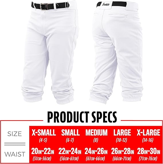 Franklin Sports Youth Baseball + Softball Pants - Knee High White Baseball Pants for Kids - Boys + Girls Knicker Style Bottoms with Belt Loop - White - Youth Medium