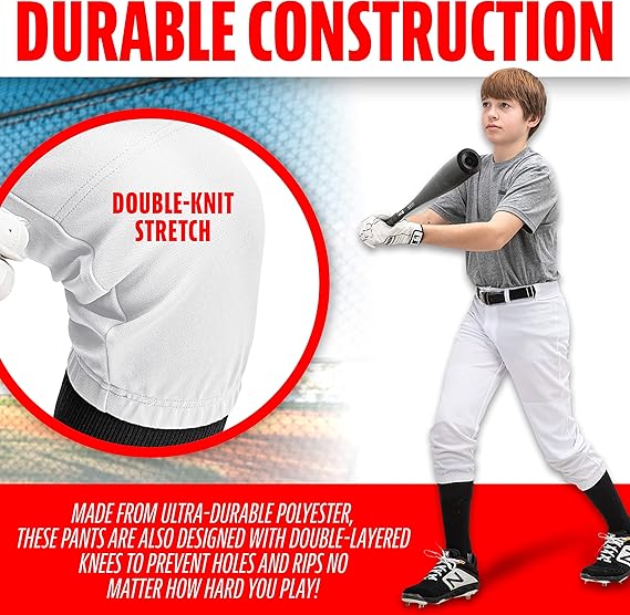 Franklin Sports Youth Baseball + Softball Pants - Knee High White Baseball Pants for Kids - Boys + Girls Knicker Style Bottoms with Belt Loop - White - Youth Medium
