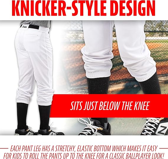 Franklin Sports Youth Baseball + Softball Pants - Knee High White Baseball Pants for Kids - Boys + Girls Knicker Style Bottoms with Belt Loop - White - Youth Medium