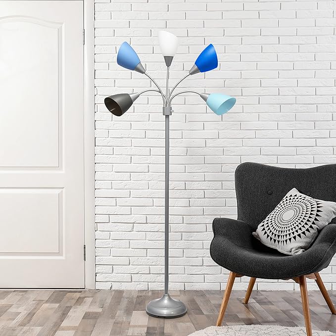 Simple Designs LF2006-SDM 67" Contemporary Multi Head Medusa 5 Light Adjustable Gooseneck Silver Floor Lamp with Primary Dark Multicolored Shades for Kids Bedroom Playroom Living Room Office