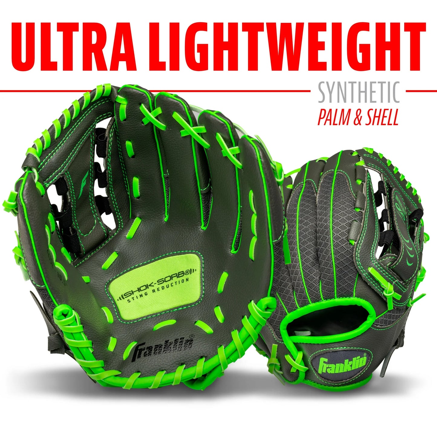 Franklin Sports unisex adult Right Hand Throw Kids & Youth Baseball Softball Tball Glove for Boys Girls Shok, Graphite/Lime, 10.5-Inch US