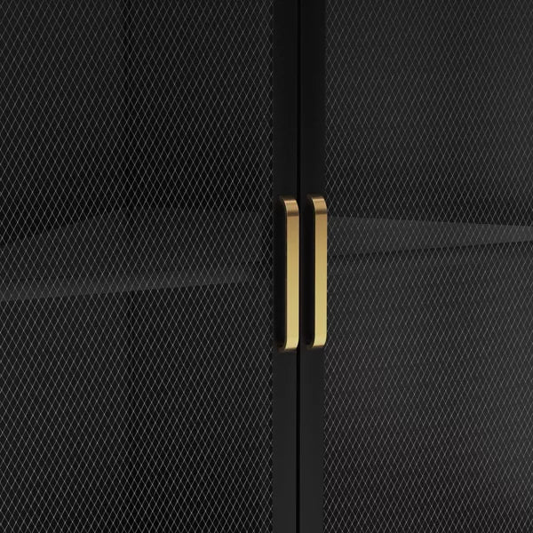 Black Mesh Corner Cabinet – V-Shaped Metal Storage with Gold Handles