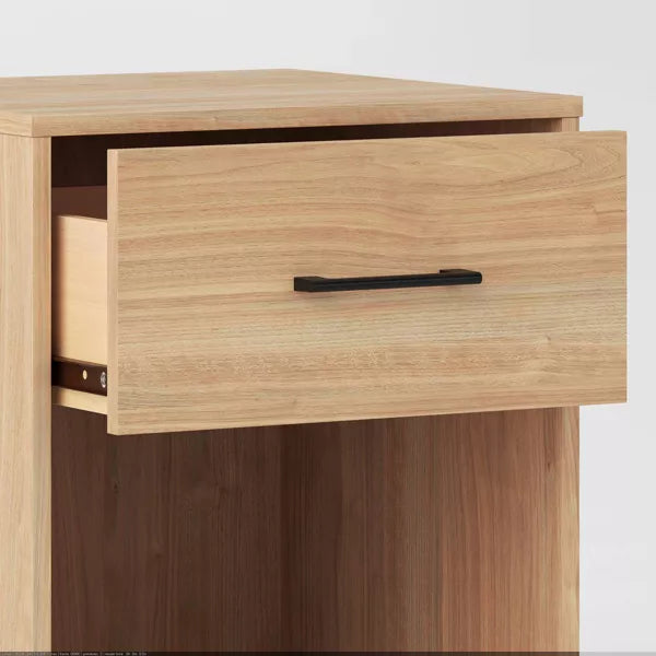 Mixed Material Dorm Nightstand – Natural Finish with Drawer, Open Shelf & Metal Legs