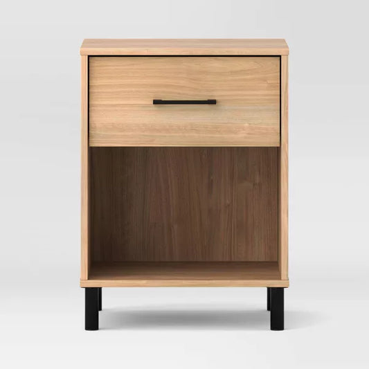 Mixed Material Dorm Nightstand – Natural Finish with Drawer, Open Shelf & Metal Legs