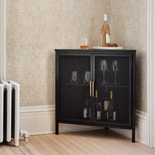 Black Mesh Corner Cabinet – V-Shaped Metal Storage with Gold Handles