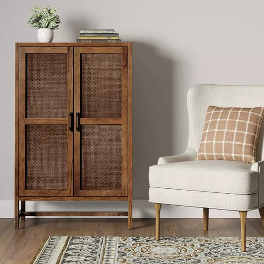Warwick Library Cabinet Brown - Threshold: Rattan-Panel Doors, Hardwood, Storage, UPC 677446144737